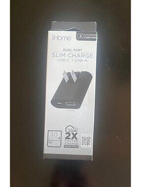 IHOME AC Pro 30W Dual Port Wall Charger USB-C+USB-A Black